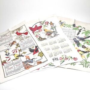 3 Vintage Calendar Tea Towels 1980 Birds, 1981 Cardinal, 1983 Birds Flowers